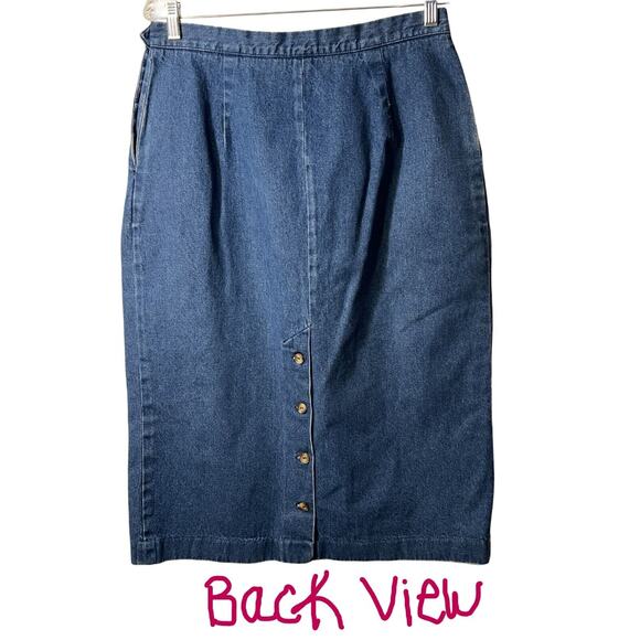 Orvis Denim Skirt Womens 31" Waist Blue Midi Side Zip Back Button Hem Pockets - Picture 6 of 9